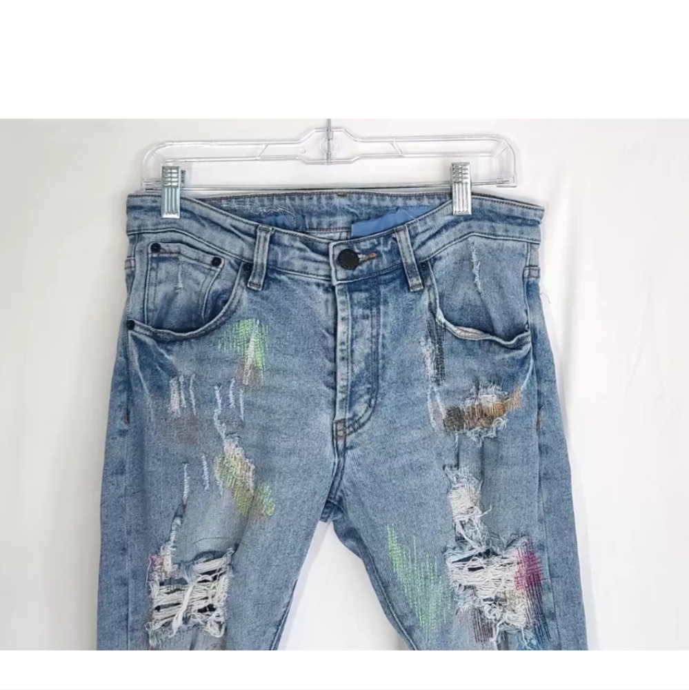 Endless Mens Designer Destroyed Embroidered Applique Skinny Jeans 31 X 31 - Picture 3 of 8